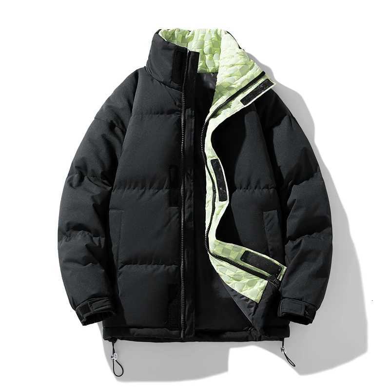 Mens Cotton-Padded Winter Thickened Warm Checked Stand-Up Collar Jacket Fashionable Windproof Loose Parka Coat W250815