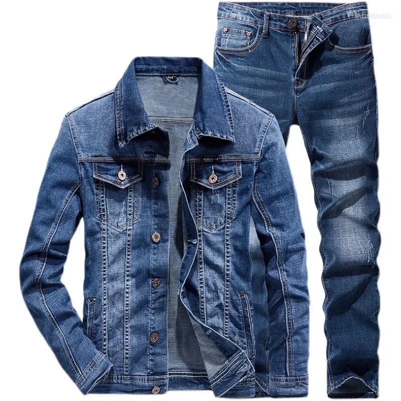 Men's Tracksuits Slim-Fit Denim Business Outfit Two Pieces Of Comfortable Stretch Fabric For Everyday Use Dark Blue Simple Design