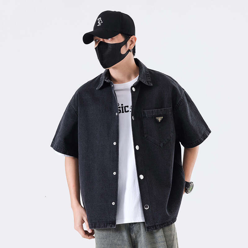 2025 Youth Spring Summer New Washed Nina Gray American High Street Casual Turn-Down Collar Short Sleeve Denim Shirt Jacket