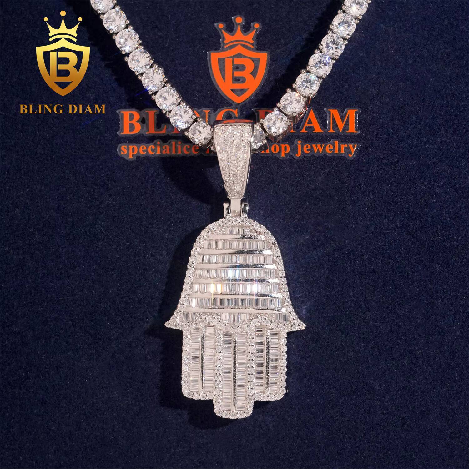 Wholesale Price Hip Hop Hamsa Pendant Solid 925 Silver Moissanite Jewelry 3 Color Iced Out Pendant Baguette Cut