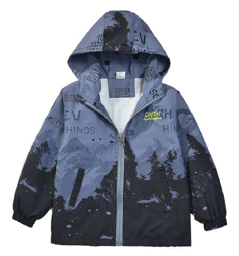 Spring Summer Waterproof Hooded Contrast Printed Boys Lined Zip Hiking Jackets School Kids Outfit Tops Child Track Coat 3-14 Yr