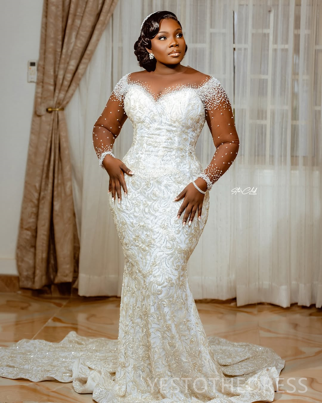 2025 Plus Size African Wedding Dress Bridal Gowns For Bride Sheer Neck Long Sleeves Appliqued Lace Beaded Pearls Illusion Wedding Gowns For Black Wome