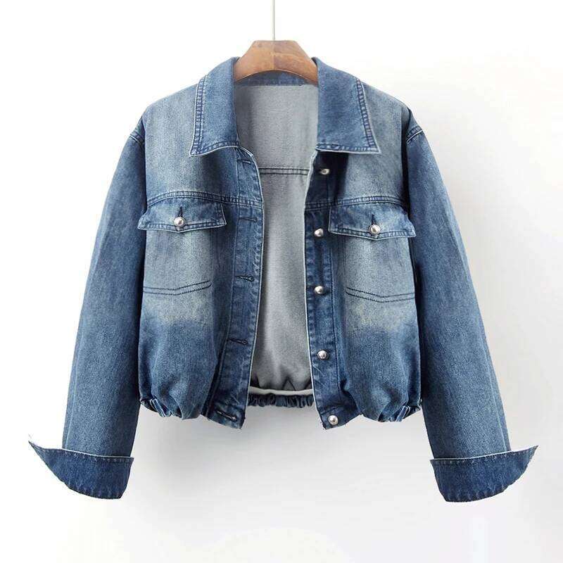 Spring Autumn Vintage Blue Big Pocket Denim Women Cowboy Outerwear Chaquetas Mujer Elastic Waist Jeans Jacket Coat Female