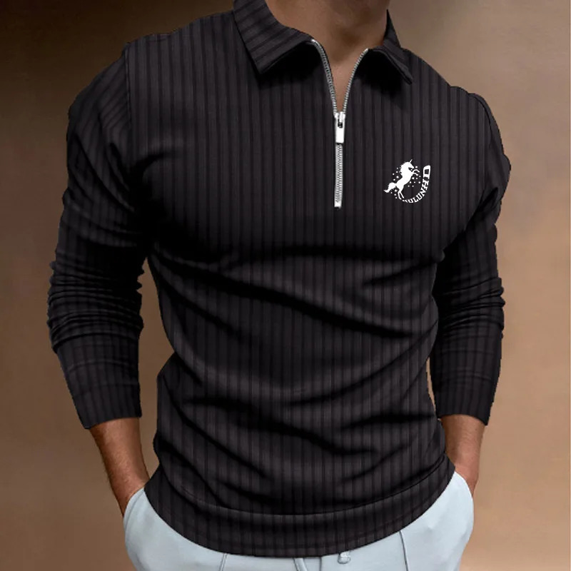 Trending Men Long Sleeve Casual Print Stripe Zipper Polo Shirt Golf 250814