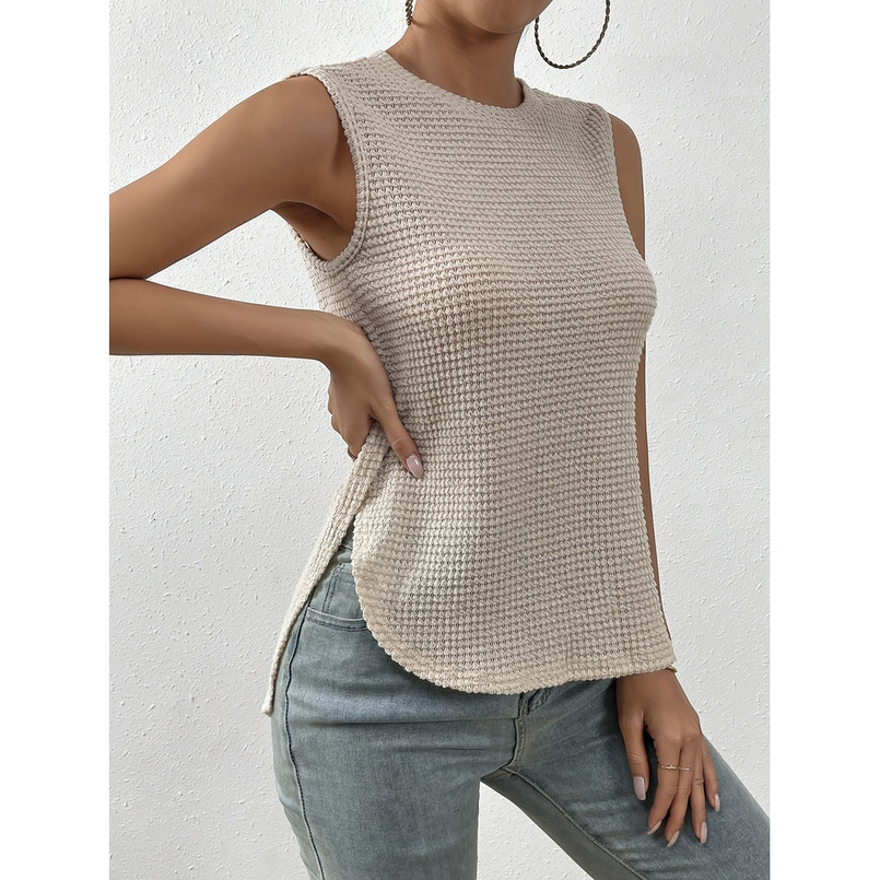 Women's Casual Pineapple Pattern Sleeveless Vest with Side Slit - Semi-Transparent Round Neck Summer Top, Medium Elasticity, Machine Washable Spr