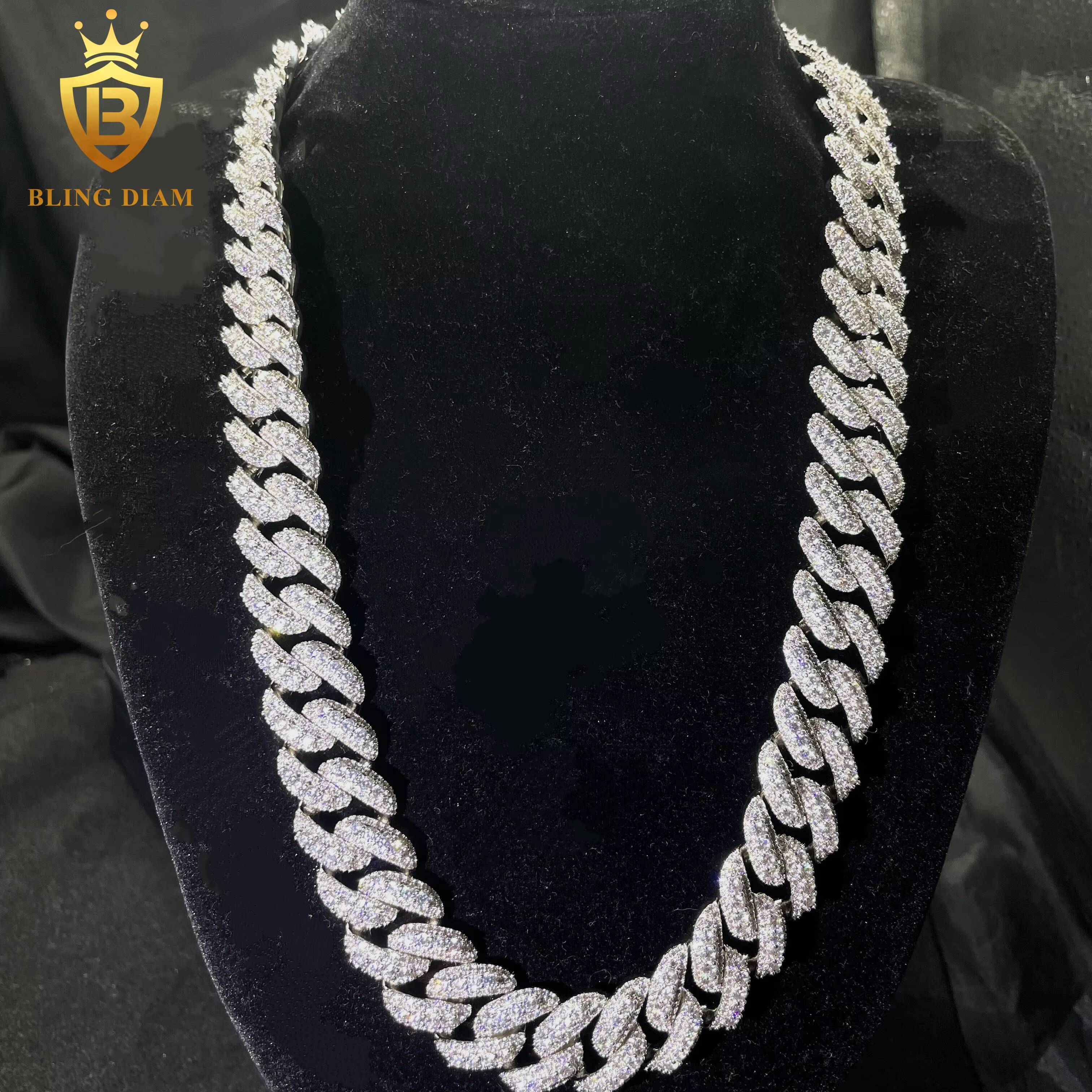 Fine Jewelry Hip Hop Style 18mm 925 Silver Plated Moissanite Iced Out Diamond Cuban Link Chain Necklace