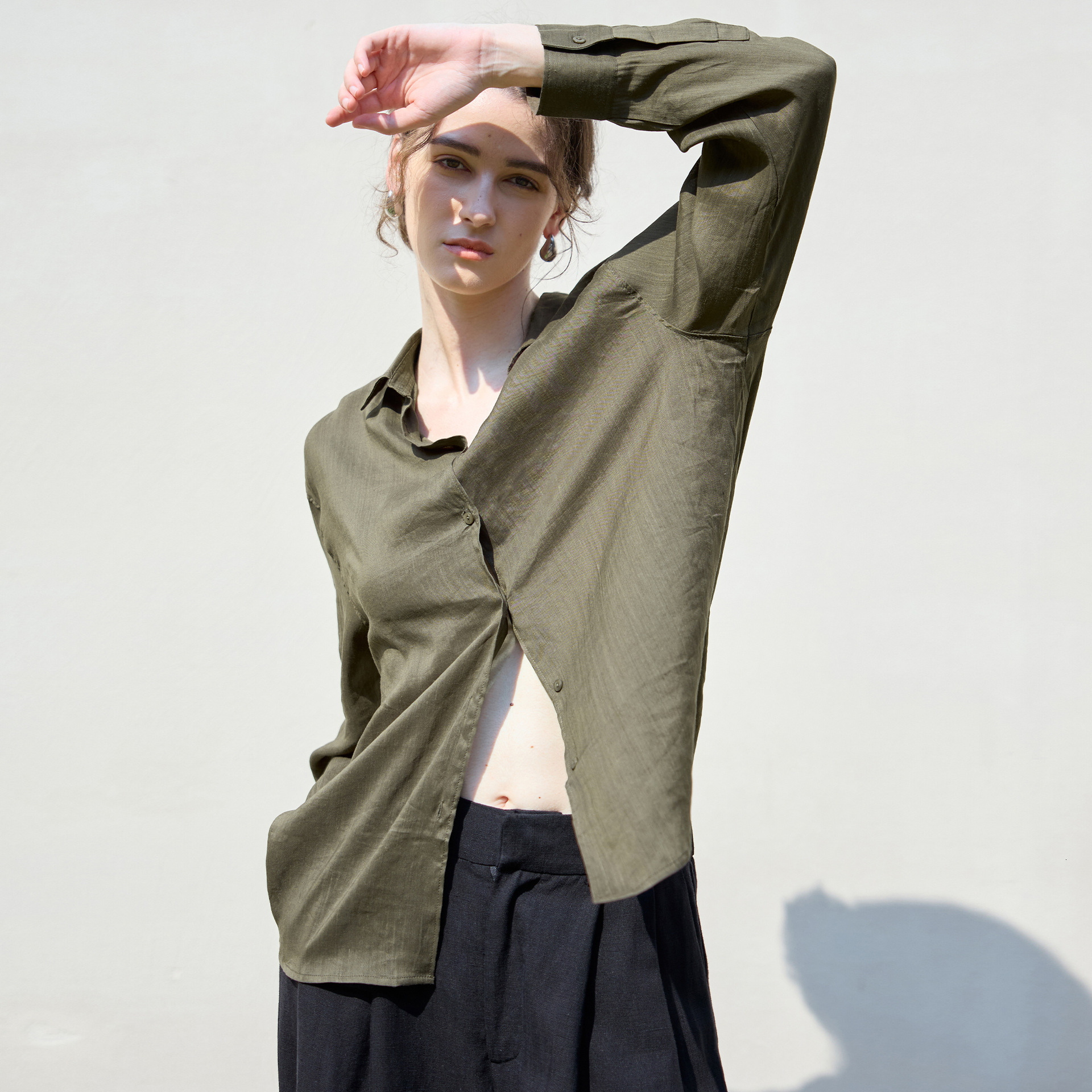 Old Style Loose Solid Color Women's Simple Single-Breasted Long Sleeve Shirt Relaxed Tencel Linen Top