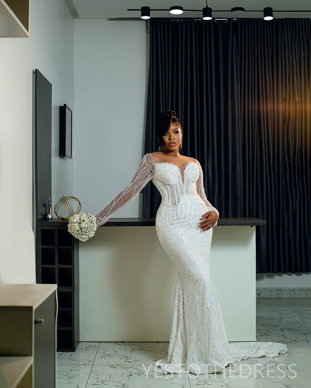 2025 Aso Ebi African Wedding Dress Bridal Gowns For Bride Mermaid Sheer Neck Detachable Train Lace Pearls Tiered Pleat Wedding Gowns For Black Women D