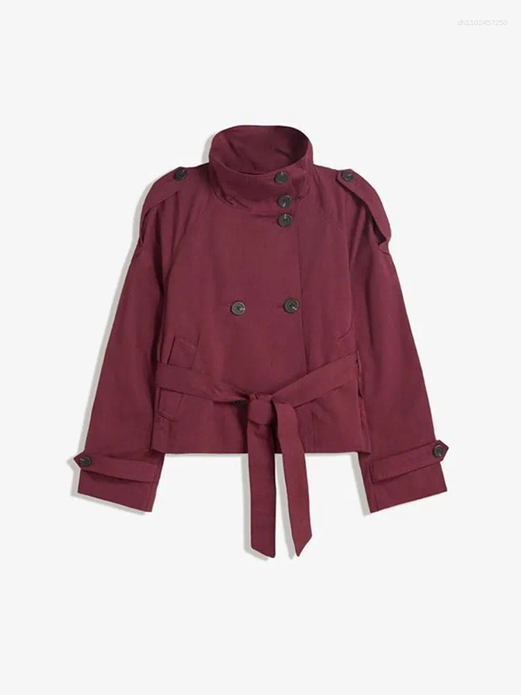 Women's Jackets Chic Stand Collar Double-breasted Belted Waist Cropped Trench Coat Shoulder Epaulets 2025 Autumn Casual Street Outerwear