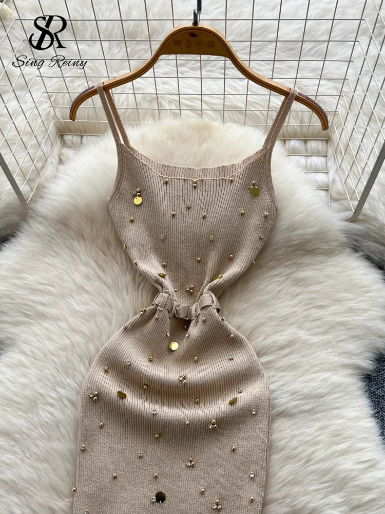 SINGREINY Sexy Knitting Split Long Dress Sleeveless Sequins Diamonds With Sashes Skinny Sundress 2025 Fashion Women Summer Dress 250808