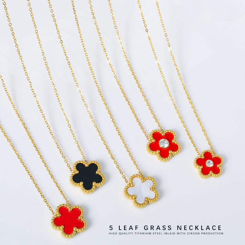 316 Stainless Steel Zircon Black Red Five-Leaf Clover Necklace for Women White Mother-of-Pearl Gold High Version Non-Fading Jewelry for Women