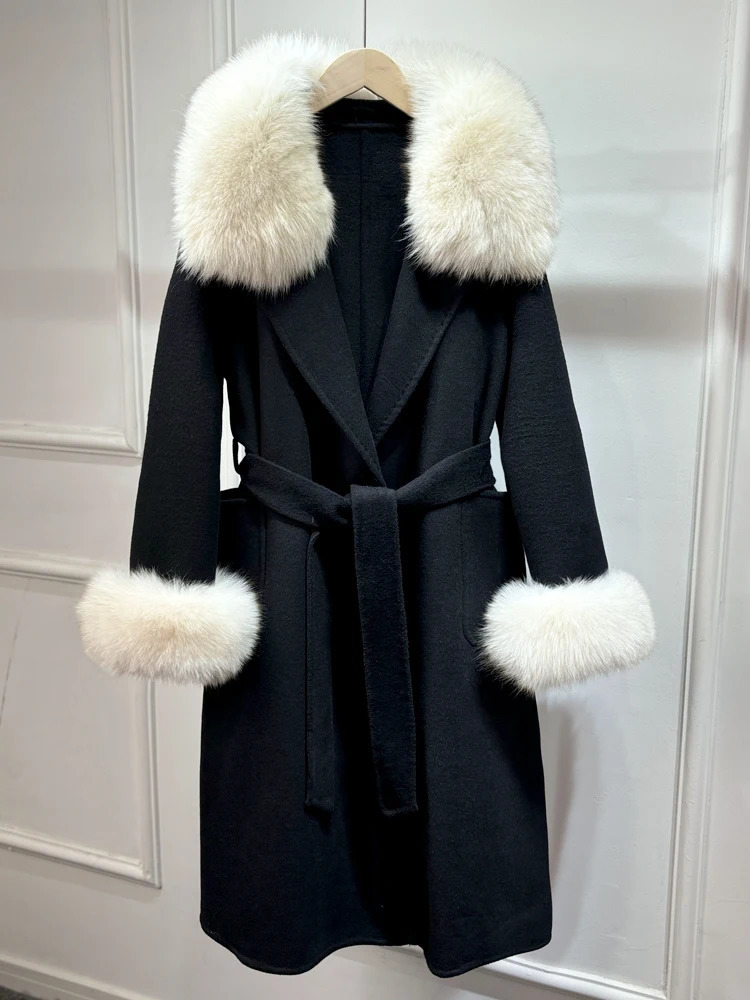 Janveny Fox Fur Coat Autumn Winter Jacket Women Wool Blends Coats Belt Cuffs Warm Fashion Woolen Streetwear 250811