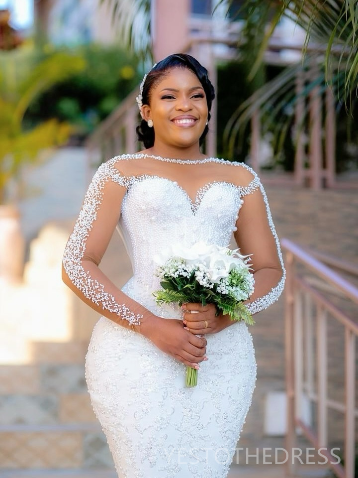2025 Mermaid Aso Ebi Off White African Wedding Dress Bridal Gowns For Bride Sheer Neck Simple Beaded Lace Tassel Crystals Wedding Gowns For Black Wome