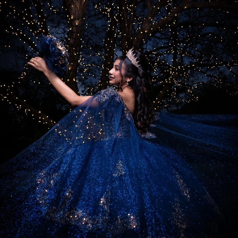 Navy Blue Shiny Princess Sweet 16 Dress Quinceanera Dresses Off The Shoulder Applique Lace Beads With Cape Tull Party Birthday Vestido De 15 Anos