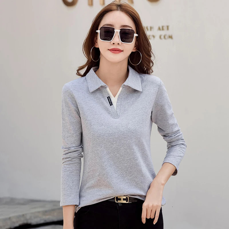 Korean Autumn Woman Polo Neck Shirt Cotton Solid Color Long Sleeve TShirt Patchwork Womens Shirts For Women 250814