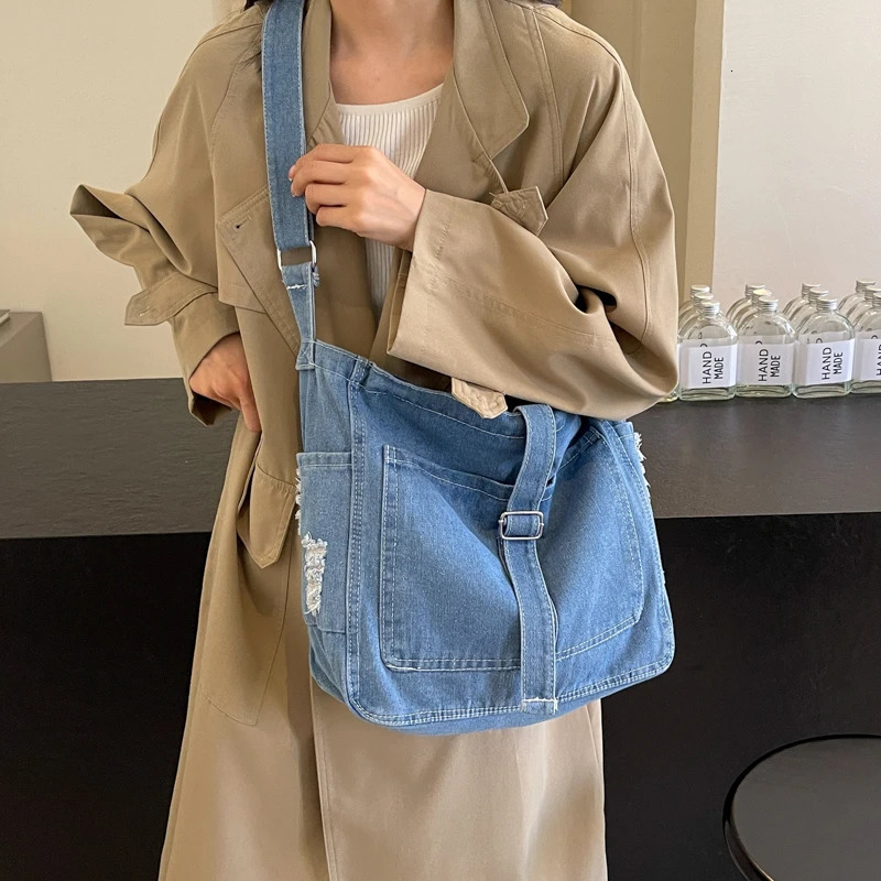 Womens Messenger Bag Vintage Denim Handbag Teenager Shoulder Tote Bags Casual Canvas Crossbody Handbags Large Capacity Bookbag 250809