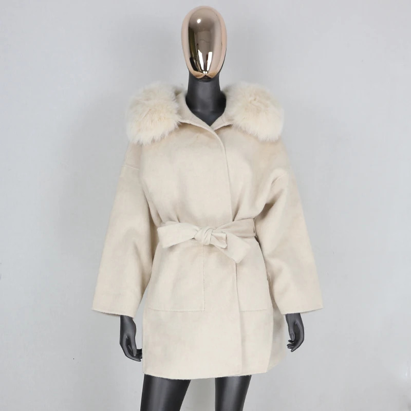 CXFS Natural Fox Fur Collar Hood Cashmere Wool Blends Fur Coat Winter Jacket Women Oversize Loose Outerwear Belt 250811