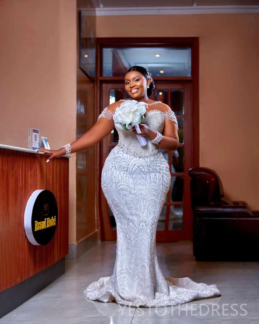 2025 Plus Size Off White African Wedding Dress Bridal Gowns For Bride Mermaid Sheer Neck Beaded Lace Pearls Tiered Pleat Tulle Wedding Gowns For Black