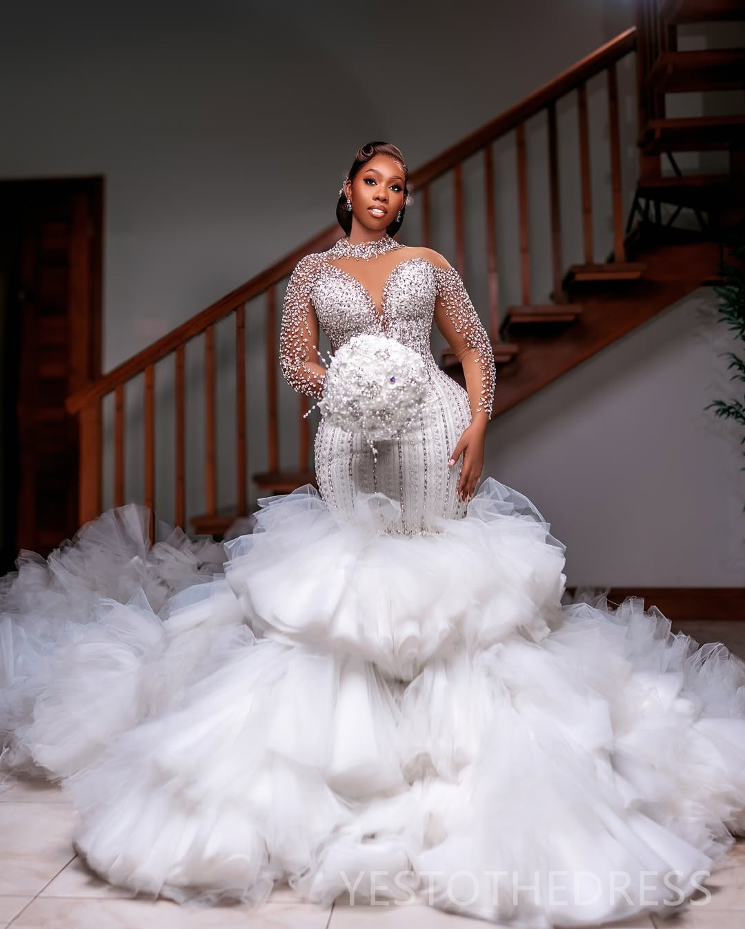 2025 Plus Size Luxurious Off White African Wedding Dress Bridal Gowns For Bride High Neck Tiered Tulle Beaded Lace Rhinestones Wedding Gowns For Black