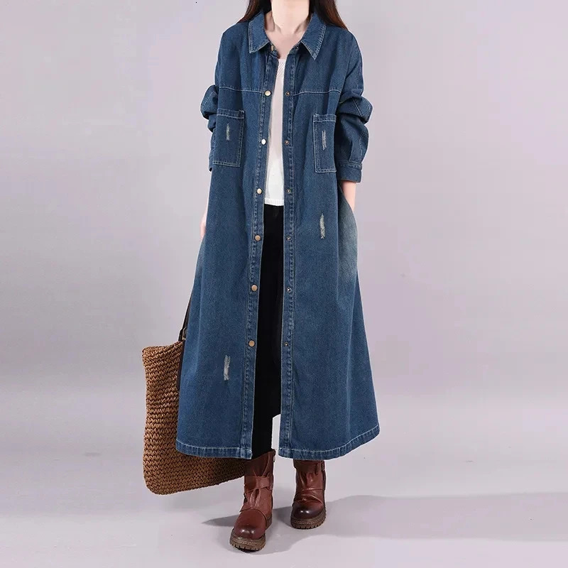2025 Spring Autumn Womens Retro Long Denim Shirt Coat Streetwear Female Loose Casual Cardigan Windbreaker Overcoat 250805