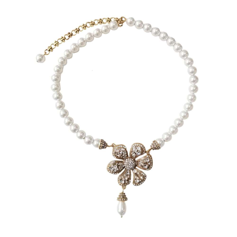 Wind Pearl Chain Inlaid Zirconium Gold Six-Petal Flower Necklace Fashionable Light High-End Elegant Exquisite Women's Jewelry