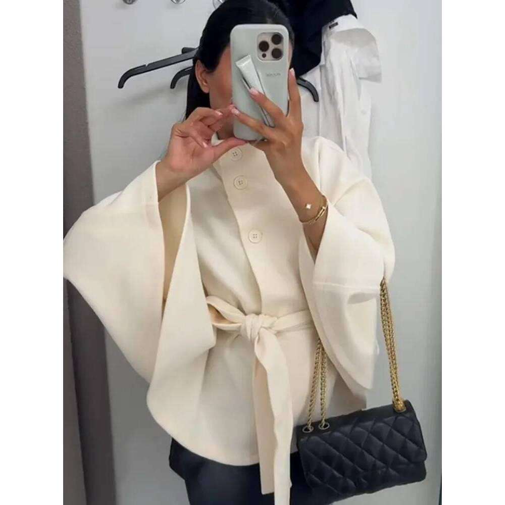 Solid Wide Flare Sleeves Lace Jacket Women's High Waist Stand Up Collar Single Breasted Coat 2025 Elegant Street New Outwear