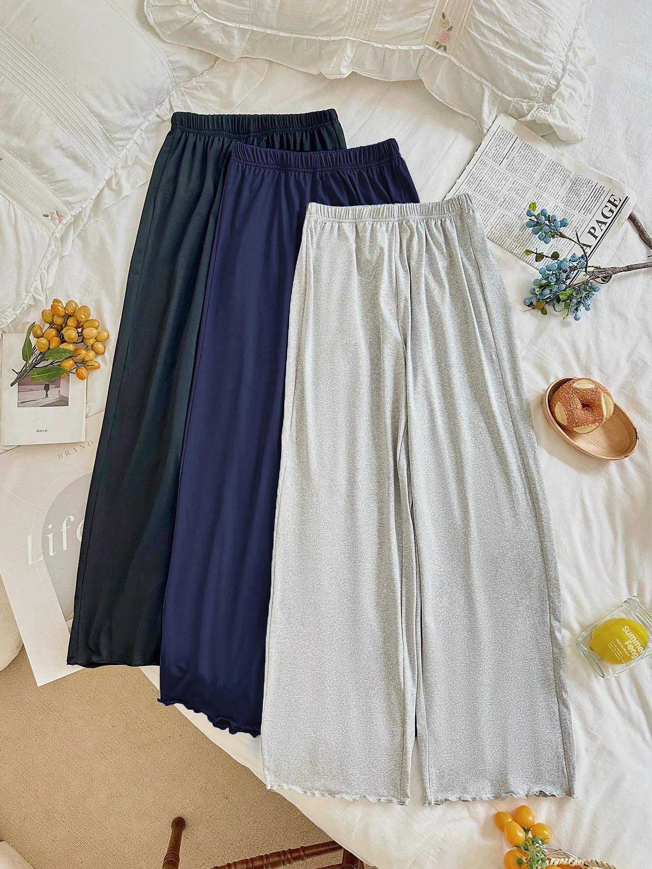 Fashionable and versatile high waisted loose wide leg ruffled hem womens long pants 3piece set 250808