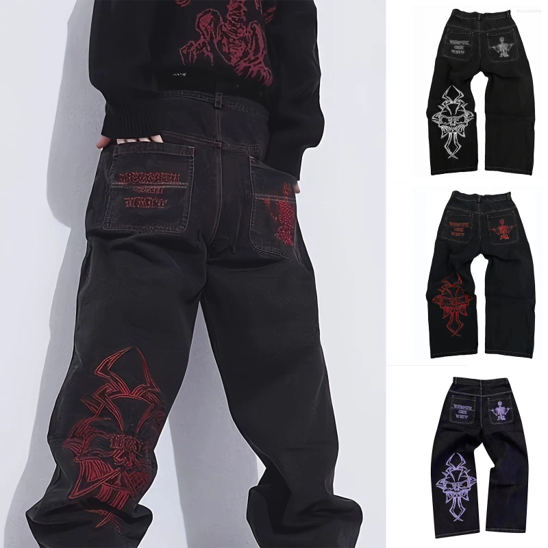 Men's Jeans Fully Embroidered High Street Hip Hop Fashionable Loose Straight Leg Wide Pants