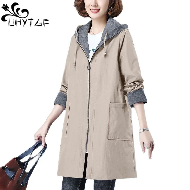 UHYTGF Coat Hooded Zipper Oversized Raincoat Jacket Female Korean Trench Casual Spring Windbreaker Ladies 7XL 2696 250805