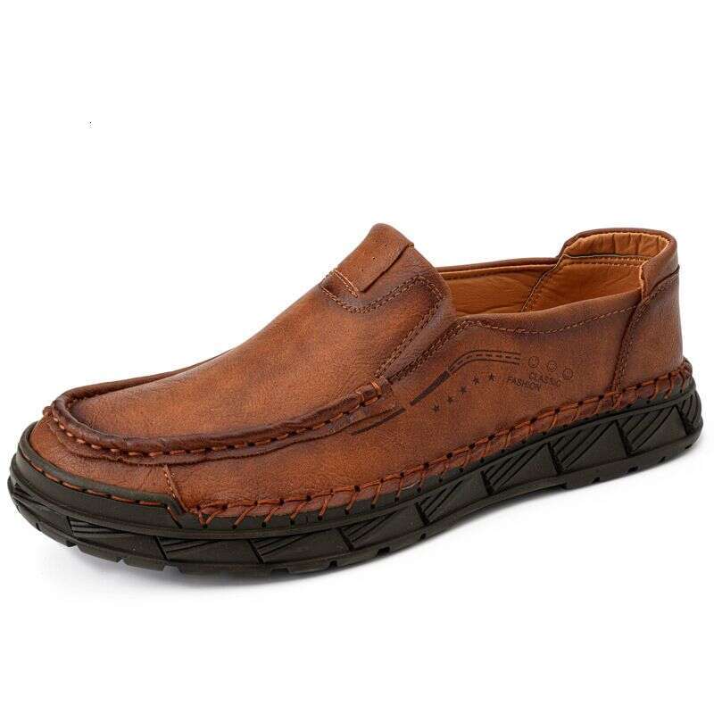 Large Size Men's Casual Leather Cowhide Bean Shoes, Hand Sewn Loafers, And Shoe Covers