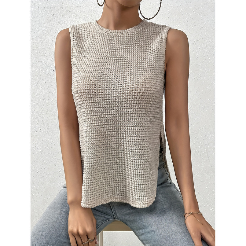 Women's Casual Pineapple Pattern Sleeveless Vest with Side Slit - Semi-Transparent Round Neck Summer Top, Medium Elasticity, Machine Washable Spr