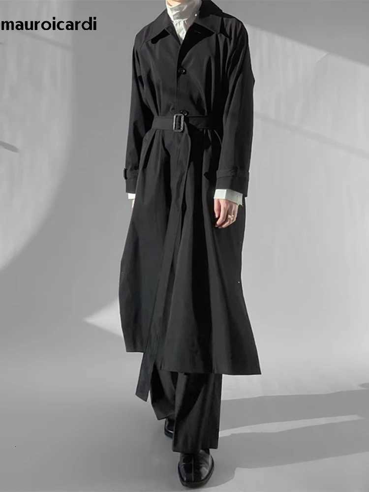 Mauroicardi Spring Autumn Long Black Blue Oversized Trench Coat Men With Side Double Slit Belt Loose Casual Korean Fashion 2023 W250815