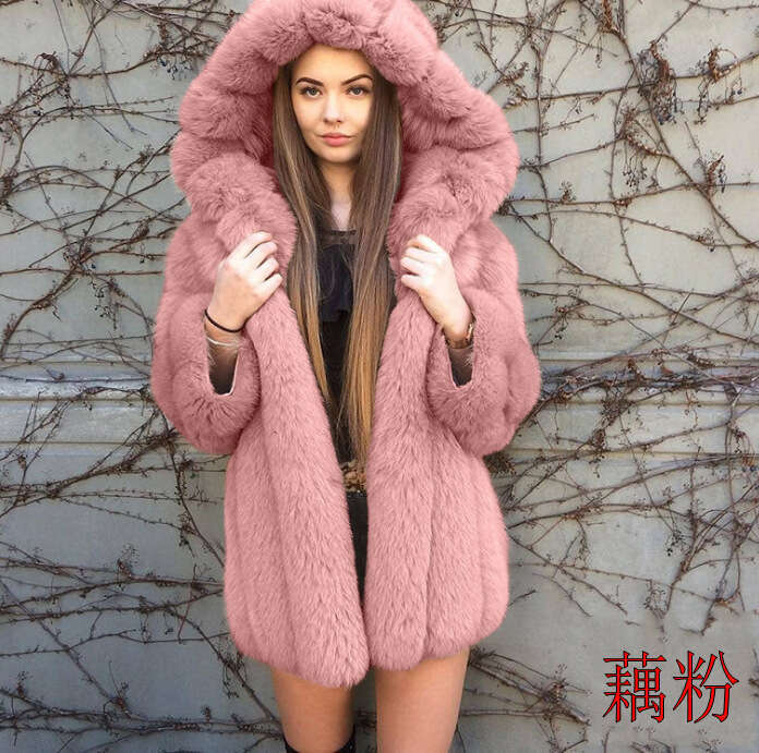 Faux Fur Women Mid Length Coats Hooded Full Sleeve Short Coat Thick Warm Streetwear Elegant Open Stitch Autumn Winter 2025