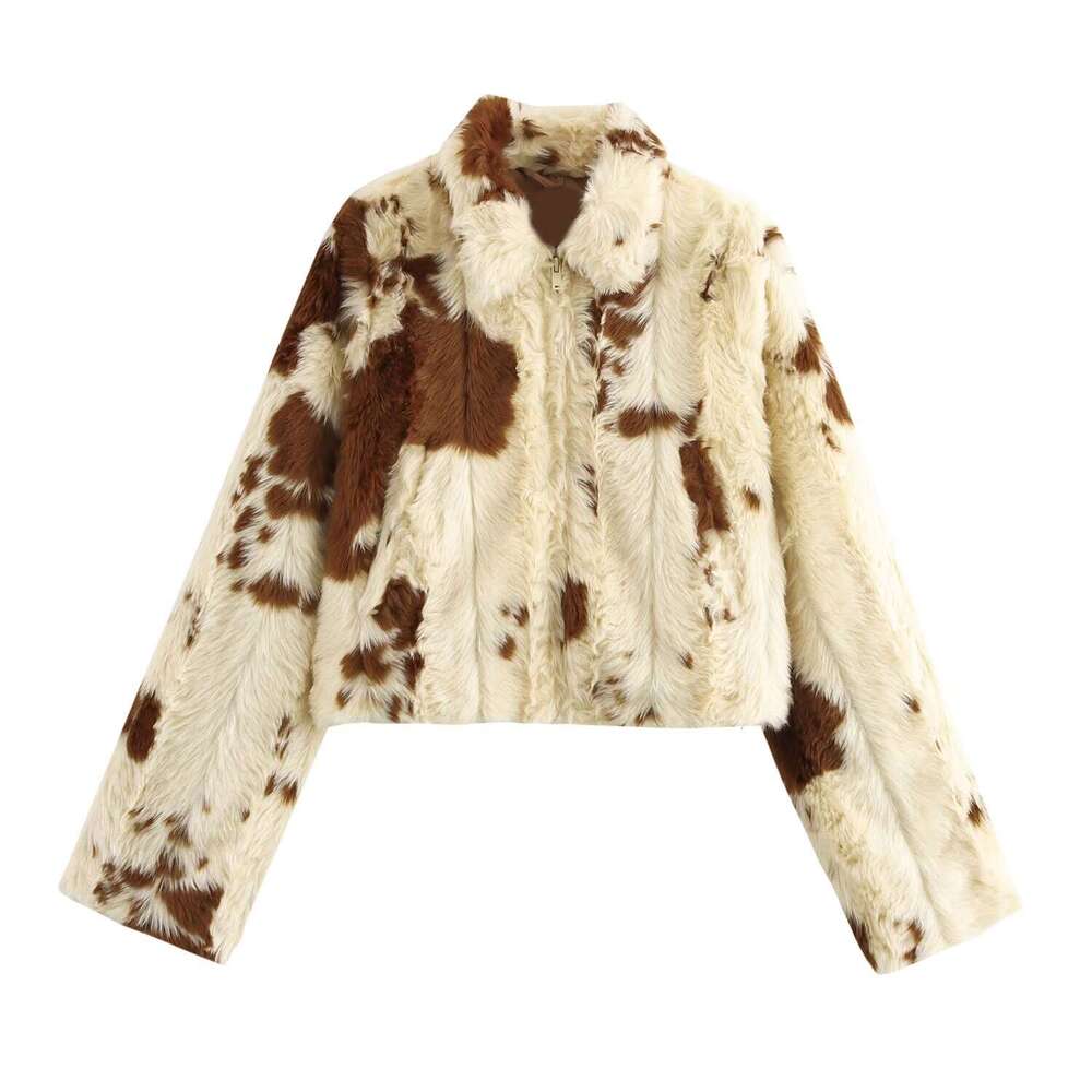 ZAR Autumn New Women's French Animal Print Faux Fur Effect Jacket434177