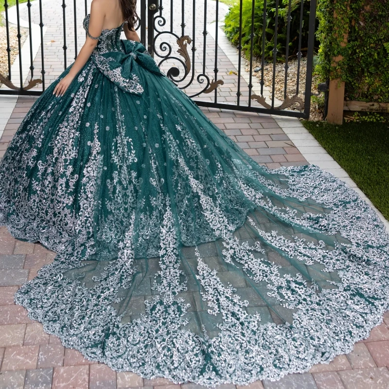 Blackish Green Shiny Ball Gown Quinceanera Dresses Spagheti Strap Sequin Applique Lace Beads Tull Party Birthday Vestidos 15 Anos Sweet 16 Dress