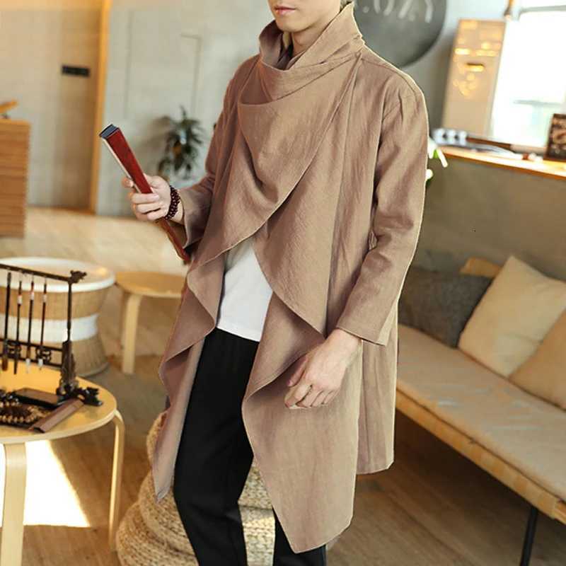 Mens Retro Jackets Trench Windbreaker Casual Cotton Solid Color Scarf Collar Irregular Long Sleeve Cloak Loose Stylish New W250815