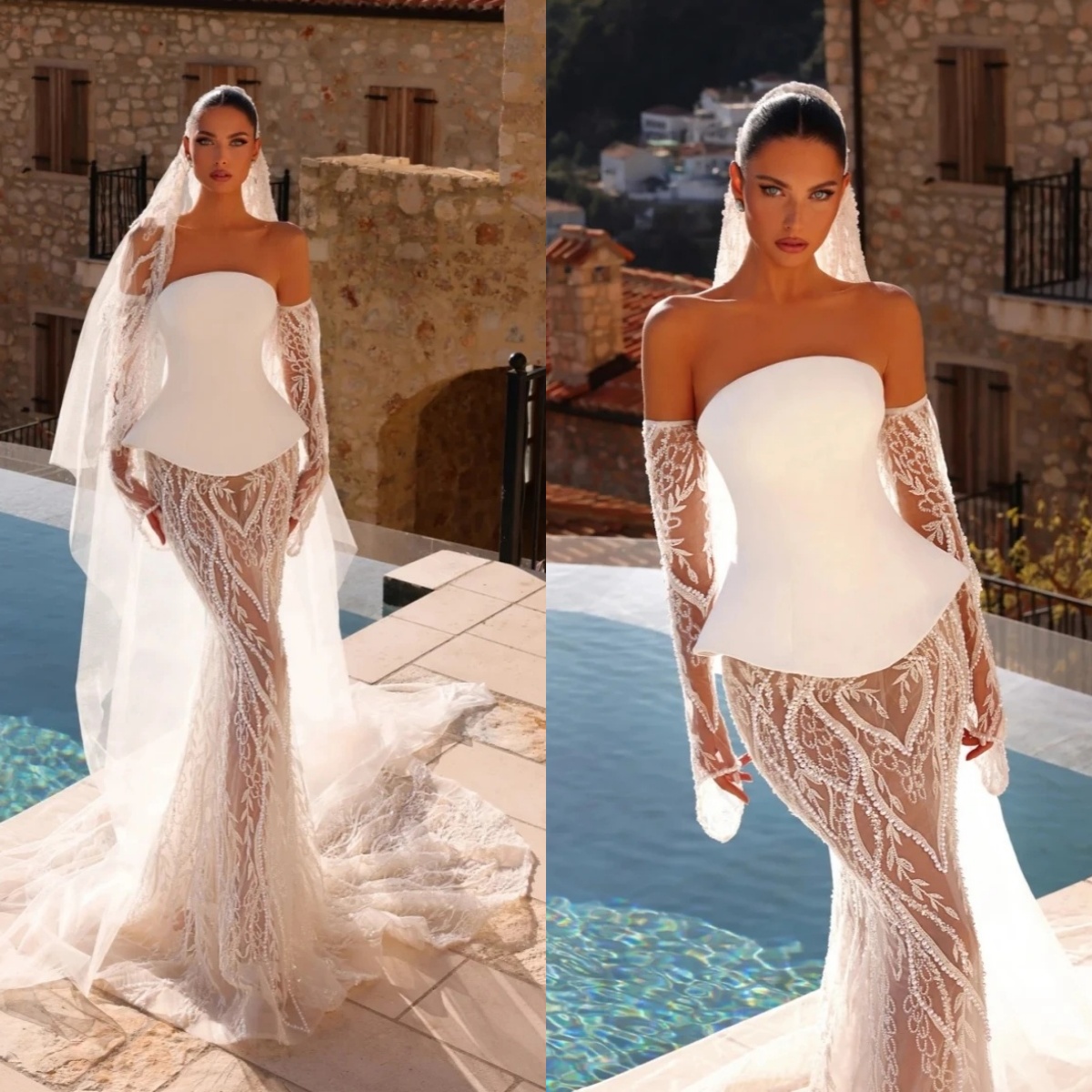 Glamorous Wedding Dresses Strapless Bridal Gowns Pearls Appliques See Through Sleeveless Mermaid Customized Vestidos De Novia Plus Size