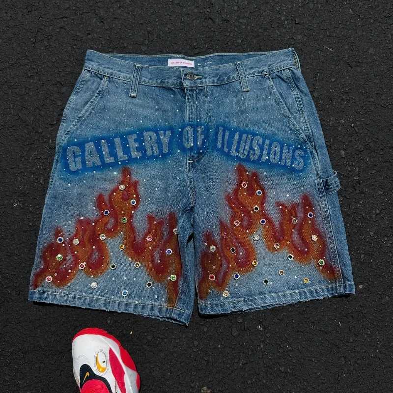 Y2K Vintage Distressed Jeans Flame Pattern Rhinestone Decoration High Waist Denim Shorts Fashion Men Women Hip Hop Streetwear Y250814