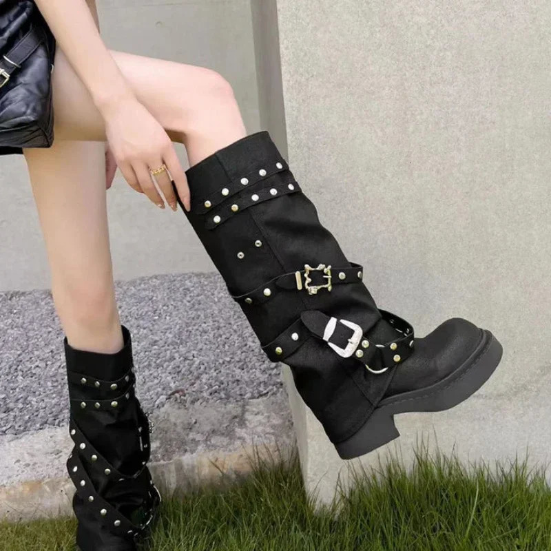 Women Western Cowgirl Boots Fashion Autumn Knee High Boots Women Punk Style Pu Leather Long Botas Woman Black Studded Pant Boot 250809