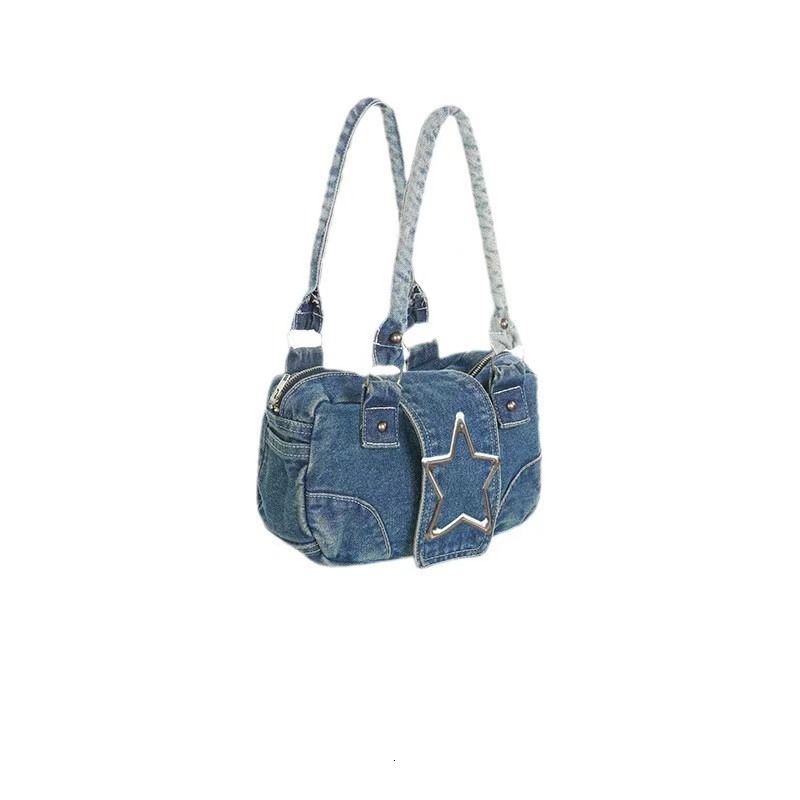 Autumn New Women's Shoulder Bag Fashionable Retro Metal Pentagram Decoration Denim Women's Handbag Single Shoulder Armpit Bag Autumn New Des