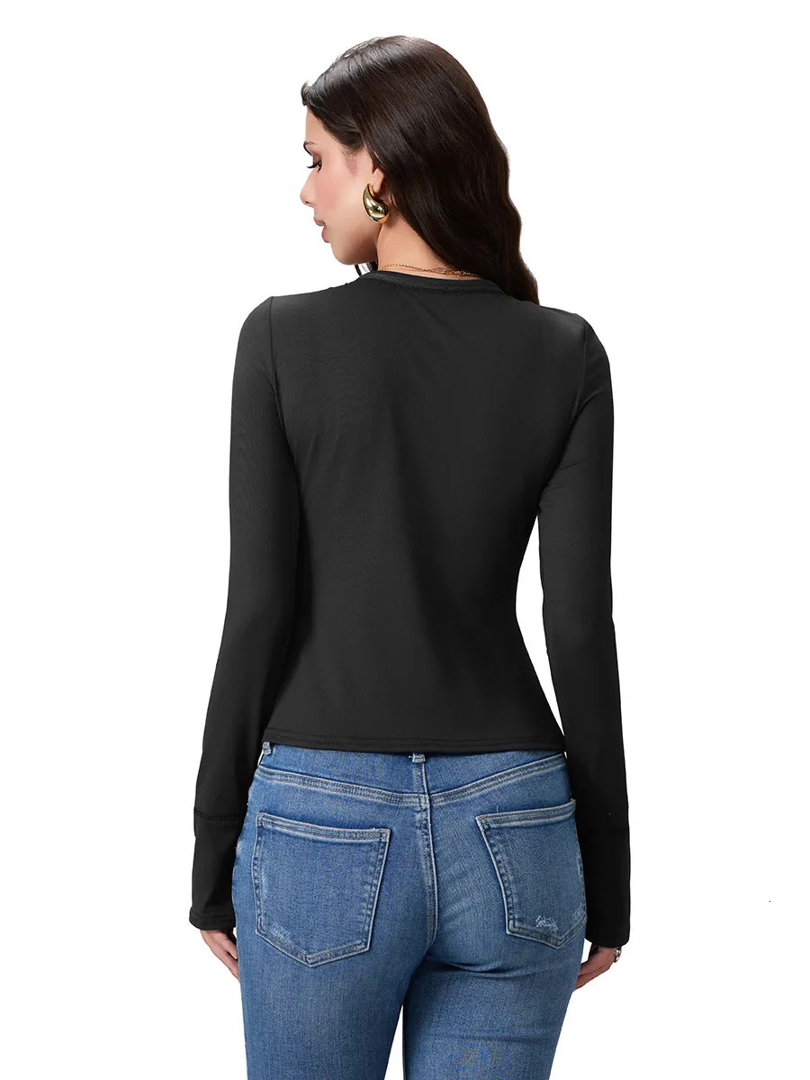 Women Spring Slim Fit Tops Solid Color Long Sleeve Wrap VNeck TShirt 250814