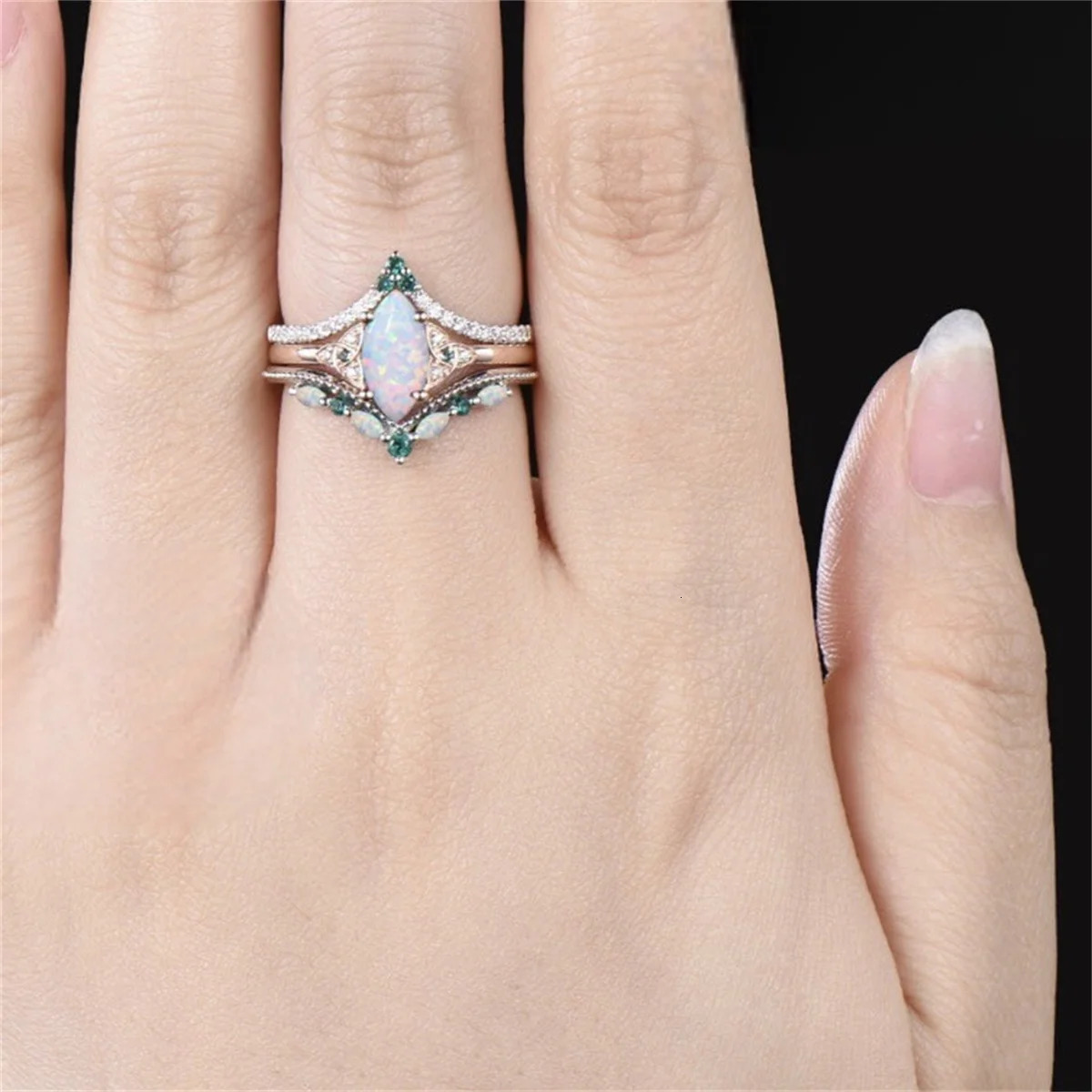 3Pcs/Set Fashion Rose Gold Color Rhinestone Opal Rings For Women Green Crystal Rings Set Wedding Engagement Jewelry Gifts 250811