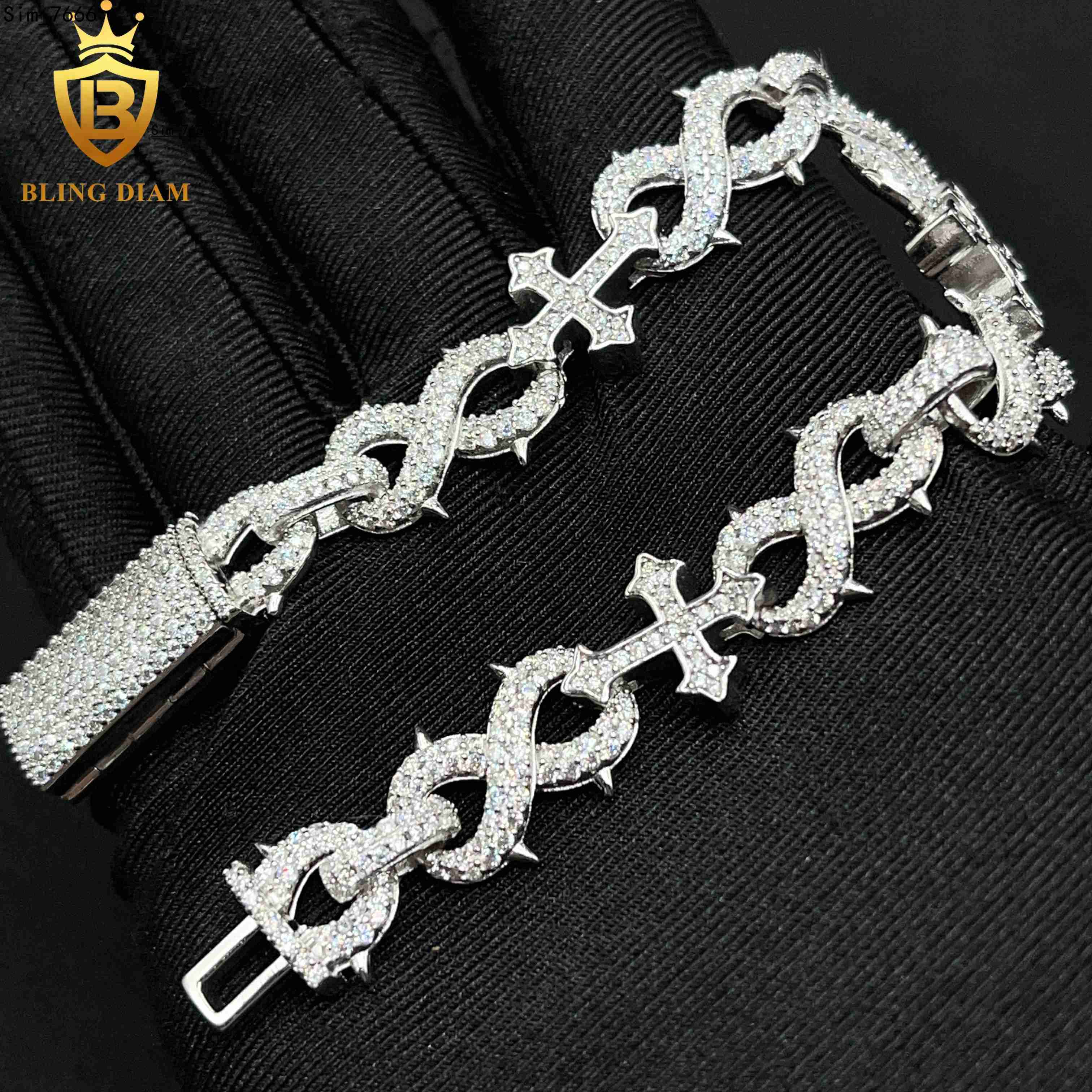 13mm Hip Hop Jewelry Cross Cuban Link Bracelet 925 Sliver Iced Out Moissanite Diamond Rapper Style