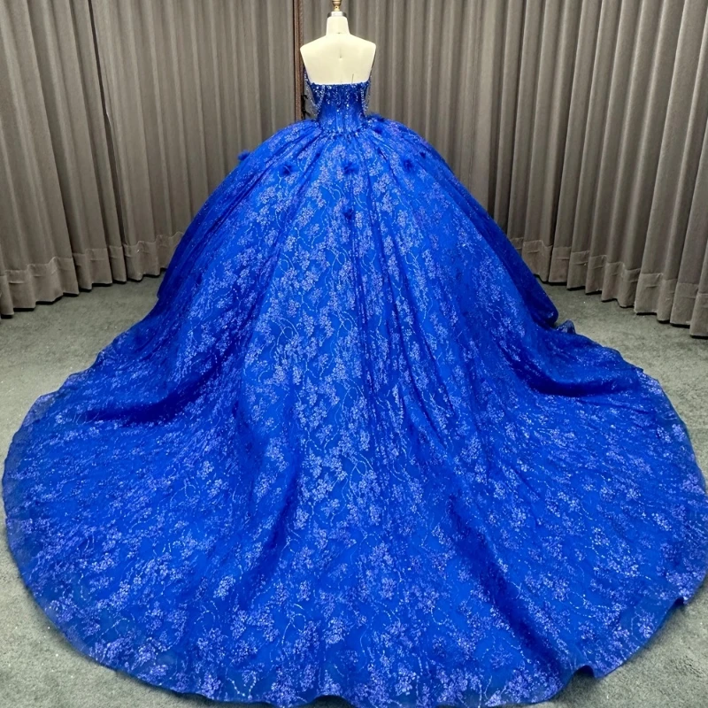 Royal Blue Shiny Princess Sweet 16 Dress Quinceanera Dresses Sequin Applique Flower Beading Tull Party Birthday Vestido De 15Anos