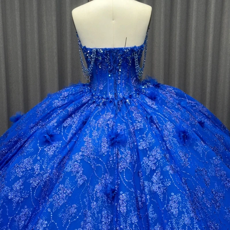 Royal Blue Shiny Princess Sweet 16 Dress Quinceanera Dresses Sequin Applique Flower Beading Tull Party Birthday Vestido De 15Anos