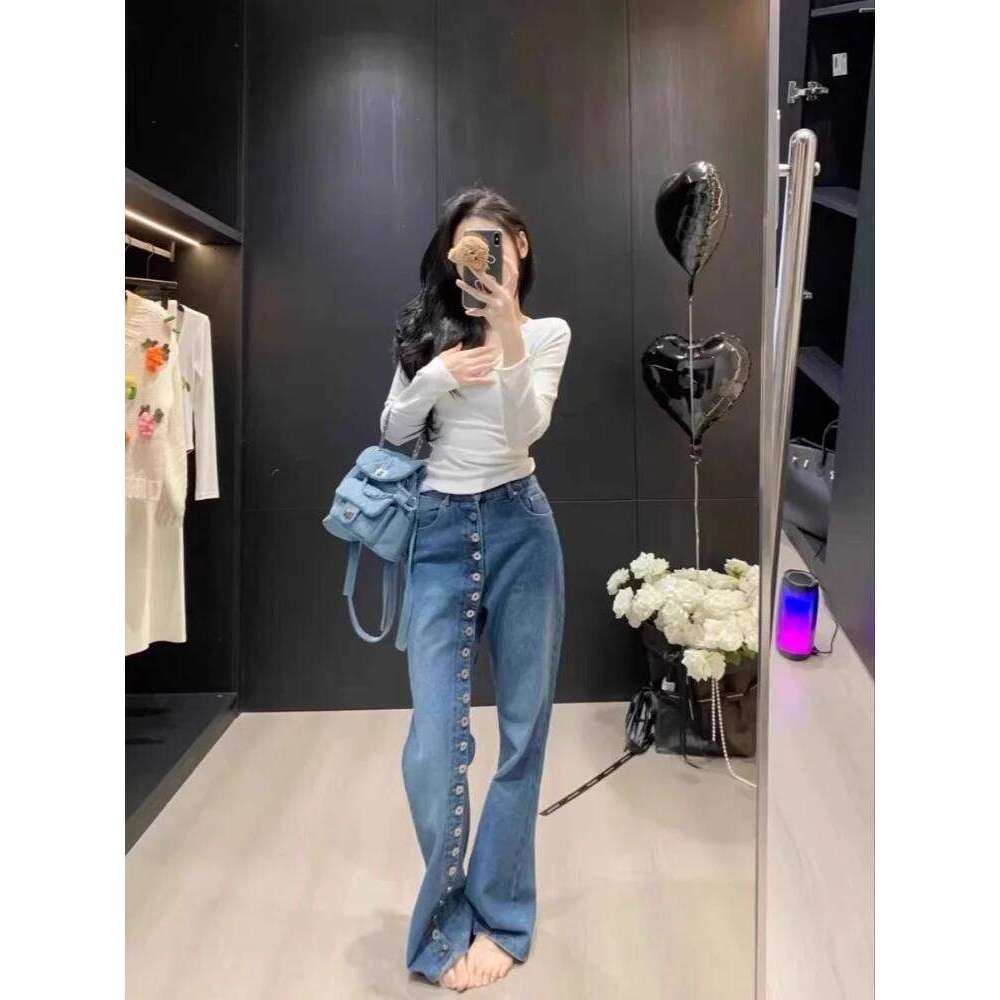 New Fashion Retro Design Multi Button Jeans For Women Slim High Waisted Straight Wide Leg Pants