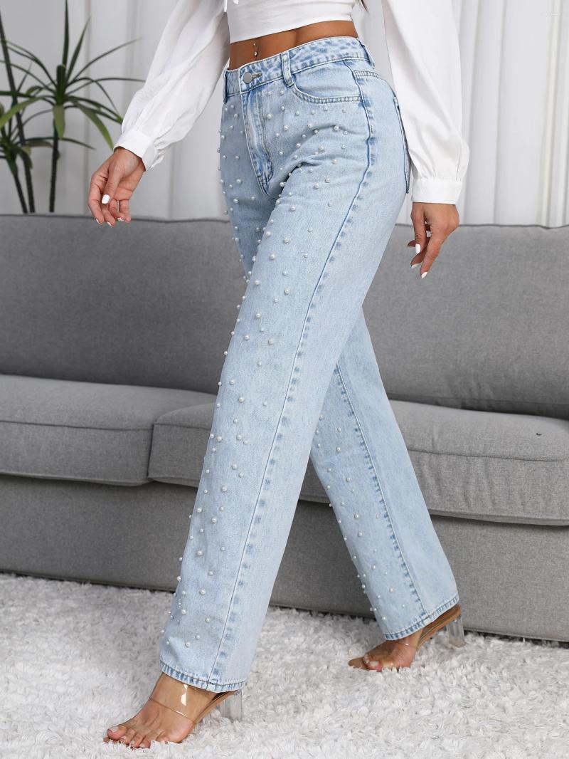 Women's Jeans Women Straight-Leg Denim With Fashion Faux Pearl Detail Casual Style Non-Stretch Light Blue Mid-waist Pants