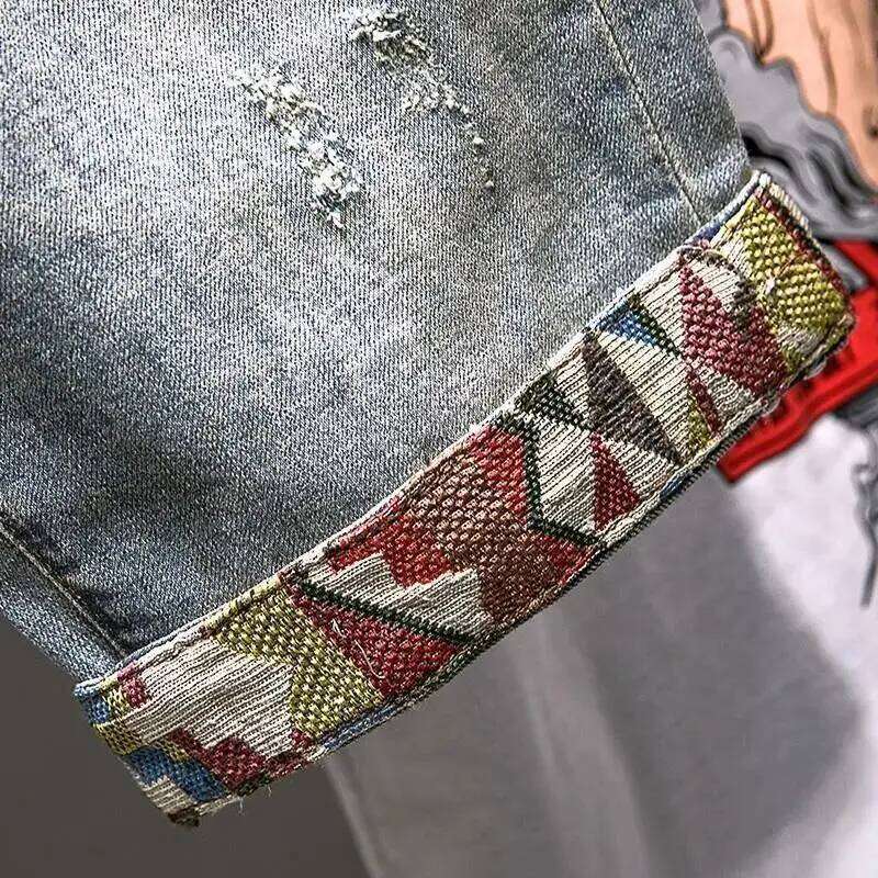 High-end Haruku Fashion Designer Clothes Embroidered Patchwork Summer Jeans Shorts Men Straight Knee Length Casual Trousers