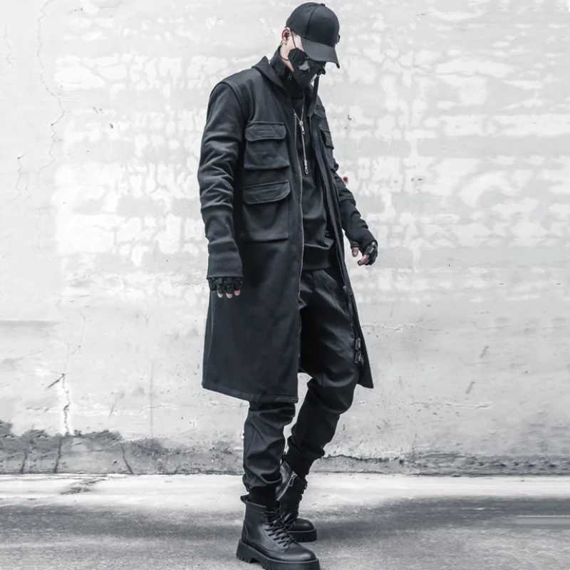 techwear style multi-pocket patchwork design mid-length trench coat mens clothing y2k high street tactical function jackets W250815
