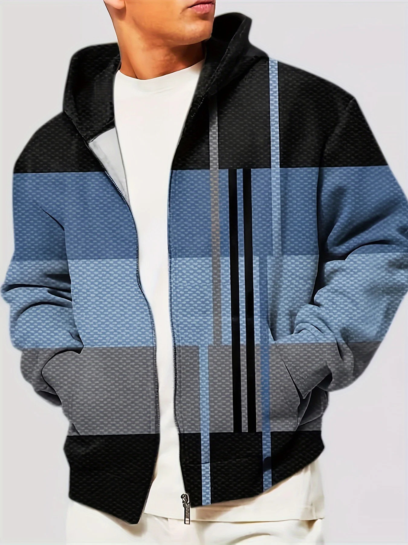 Mens Plus Size Digital Print Color Block Casual Hooded Jacket With Pockets Zipper Lapel Shirt Outdoor Fashion Tops 250814